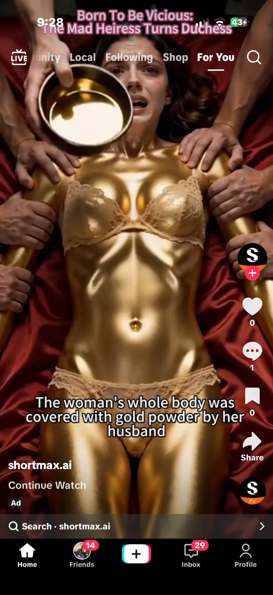 Short video screenshot: woman's body covered with gold powder