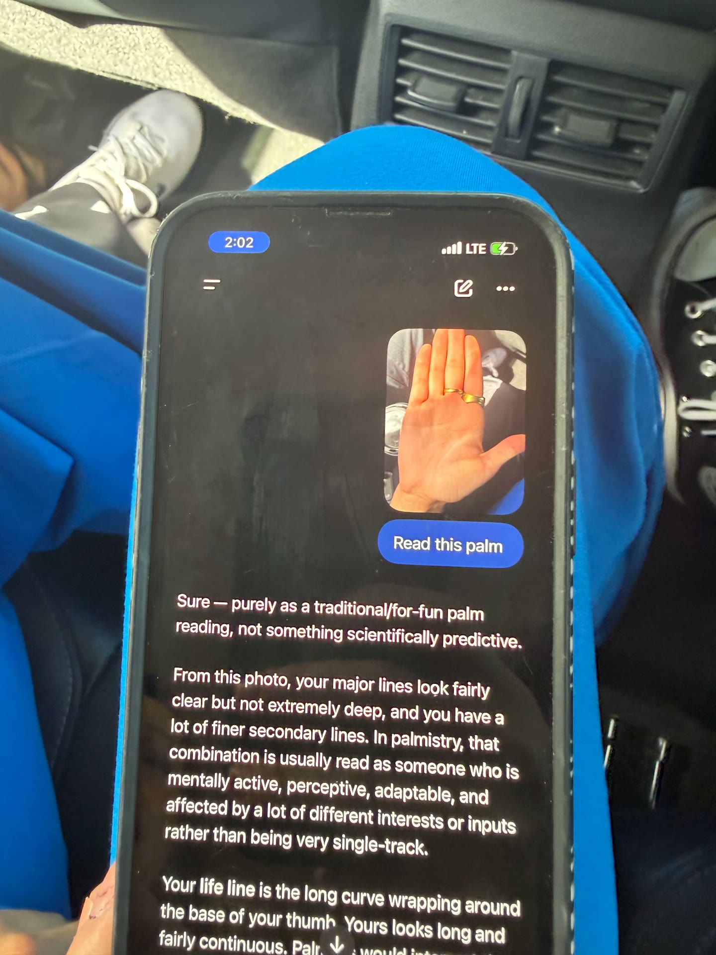 Phone screen with a for-fun palm reading