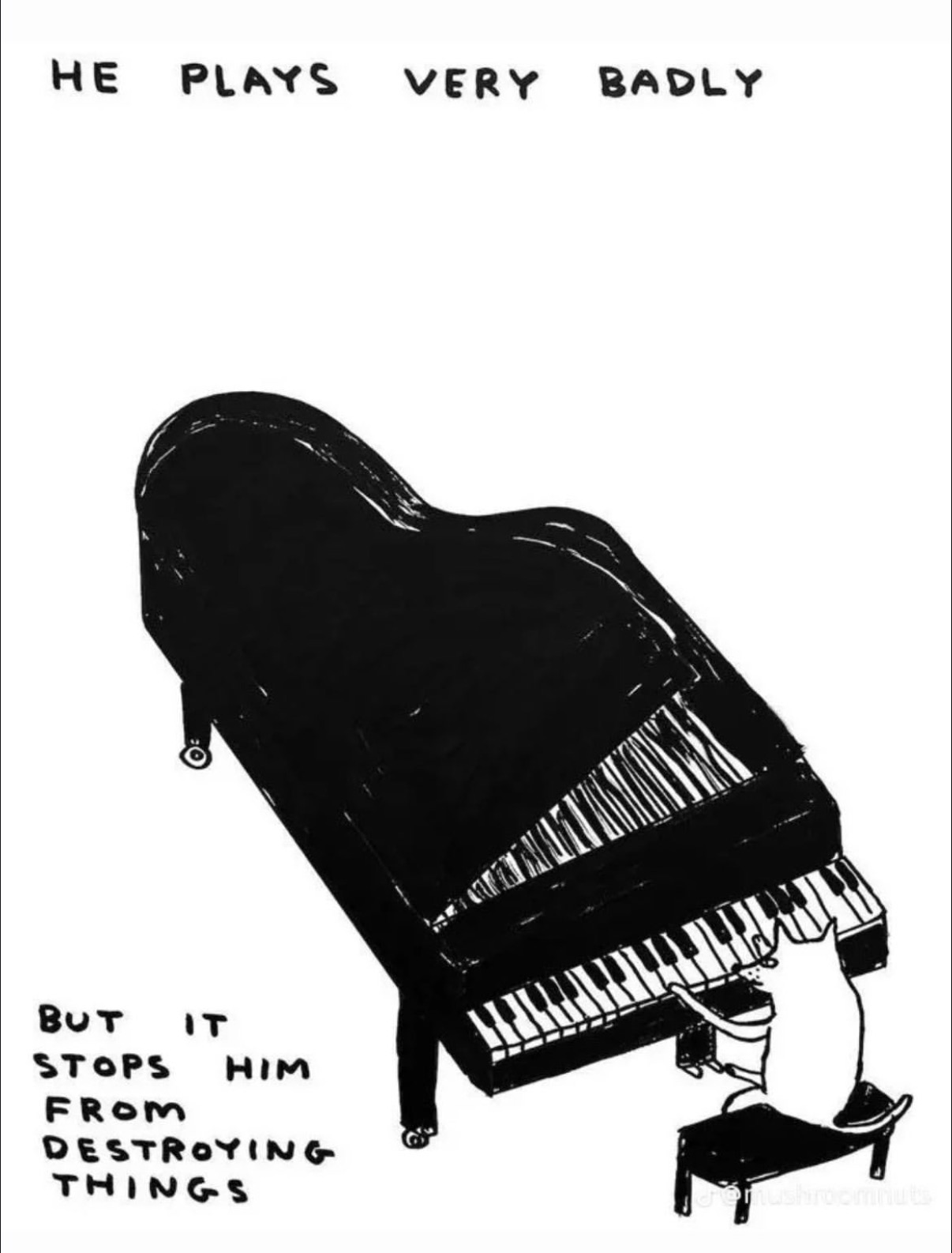 Drawing of a cat playing a grand piano badly