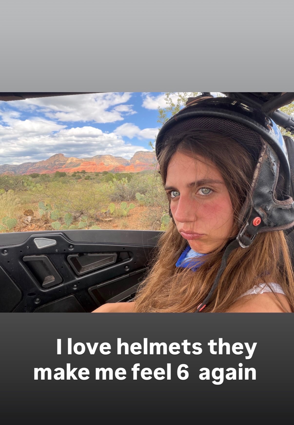 Selfie in a helmet in the desert: I love helmets they make me feel 6 again