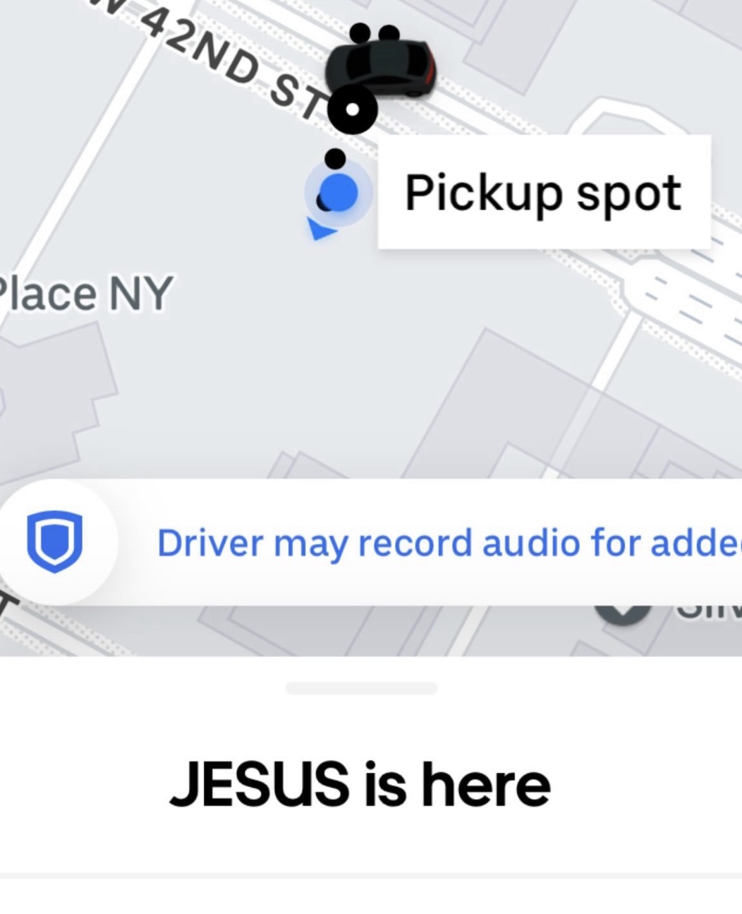 Rideshare map screenshot: JESUS is here