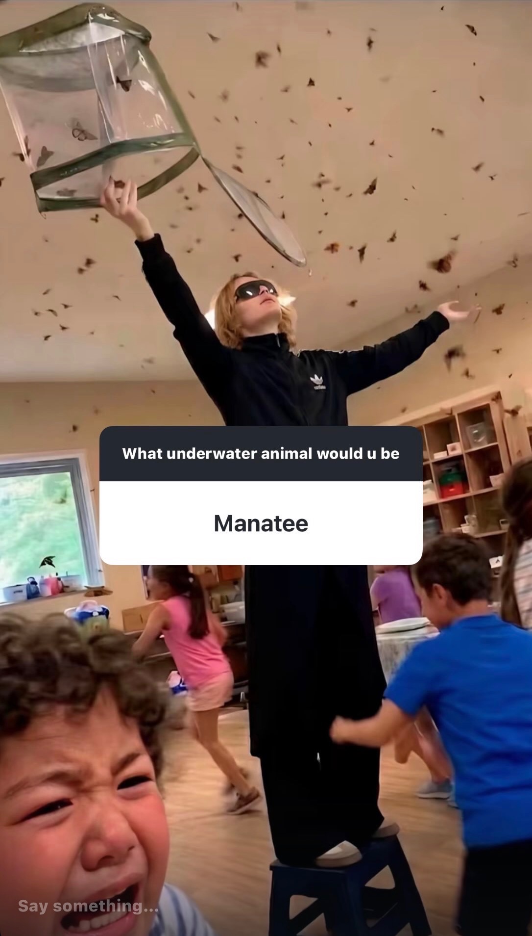 Butterflies released from a mesh cage, captioned: What underwater animal would u be / Manatee