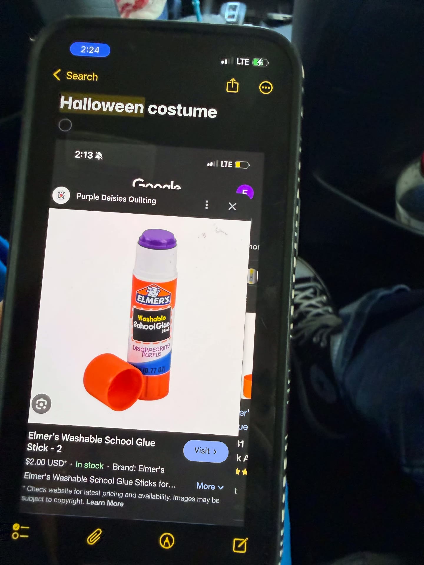 Phone screen: Halloween costume search showing a glue stick