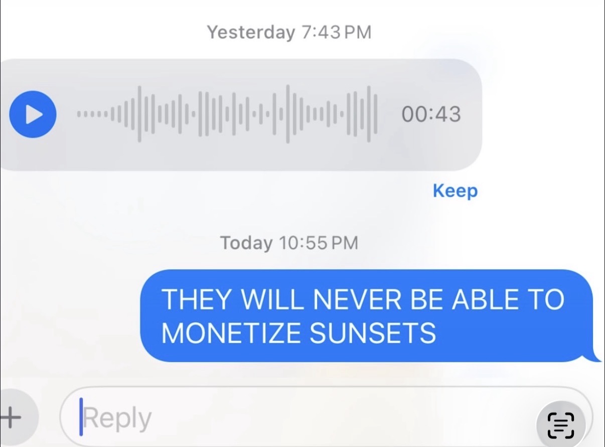 Text message: They will never be able to monetize sunsets