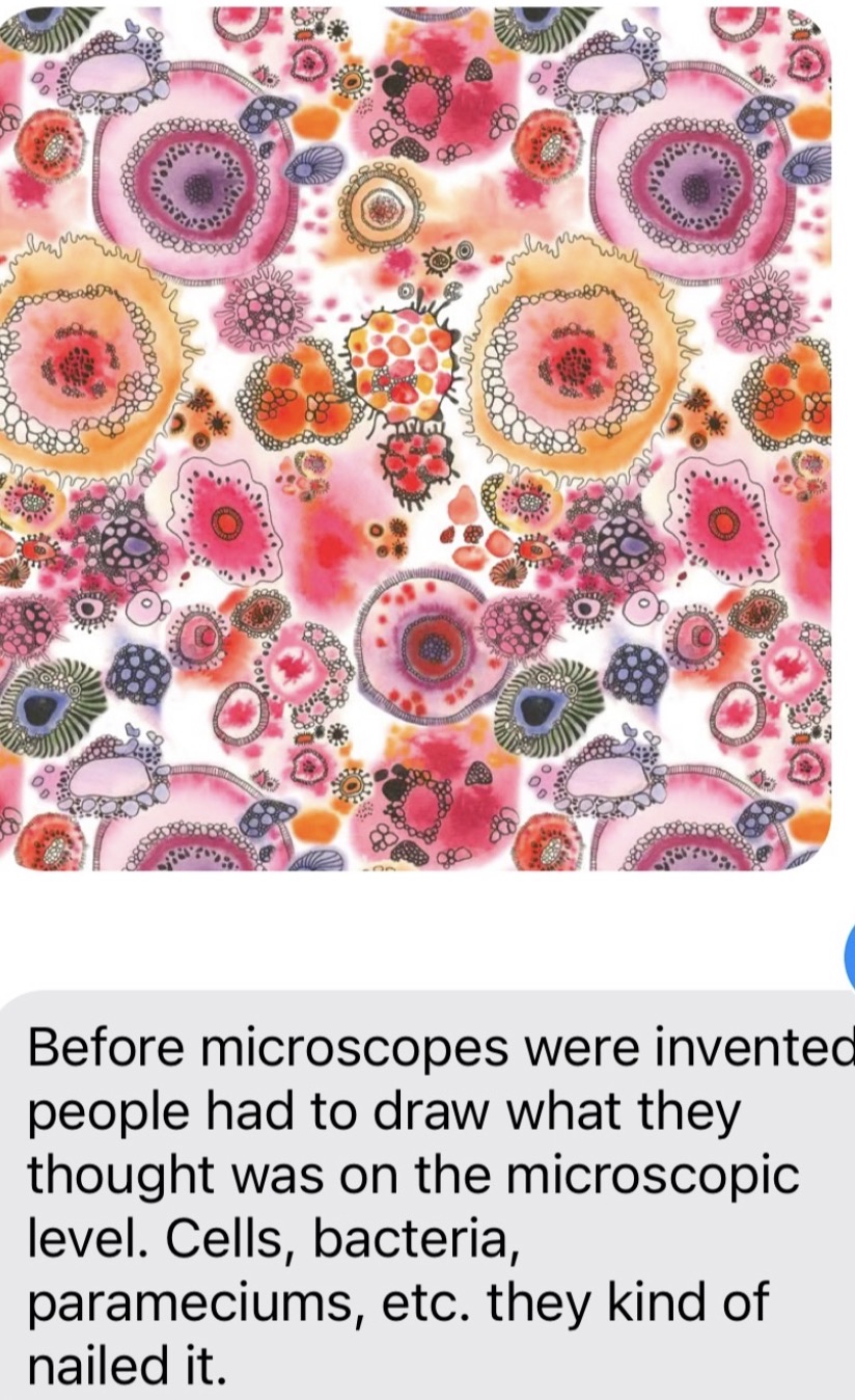 Hand-drawn watercolor of microscopic cells and bacteria