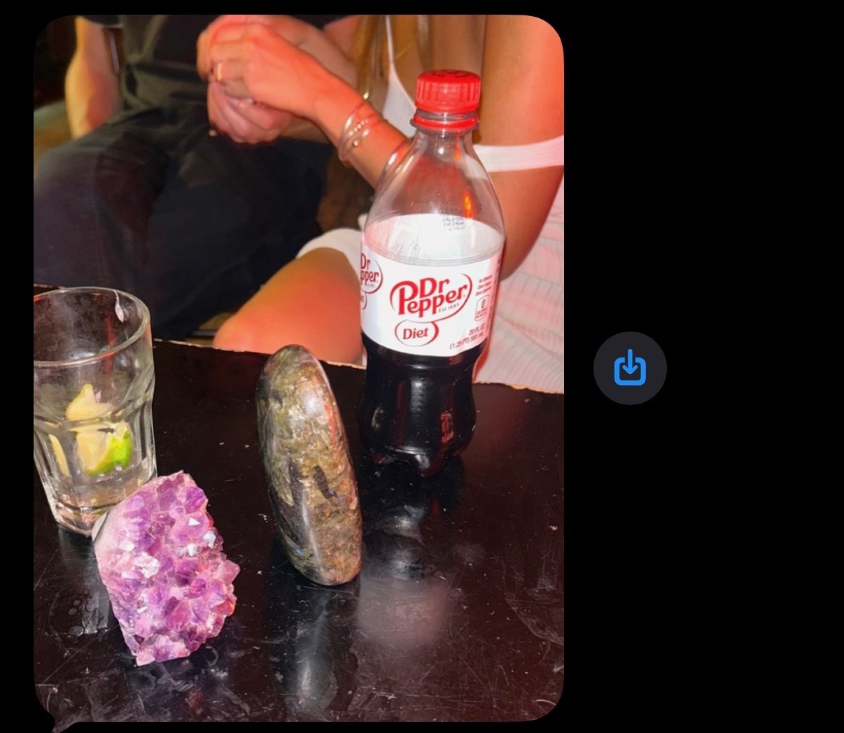 Amethyst geode and a stone beside a Diet Dr Pepper bottle